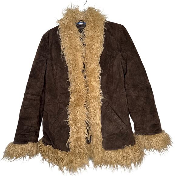 Y2K dELiA*s Suede Faux Fur Trim Jacket – Brown Shaggy Coat Size M (1990s/2000s) - Picture 2 of 13